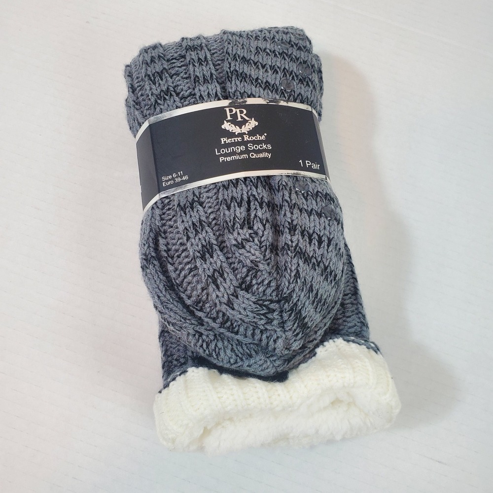 Mens Lounge Slipper Socks Grey Cable Knit Sherpa Lined Slipper Socks 6-11
